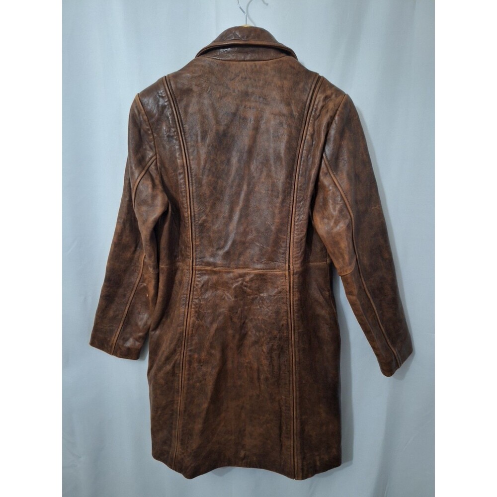 Rogue Leather Womens Genuine Leather Coat Sz M Brown Long Button Up Pockets Y2K - Picture 2 of 15